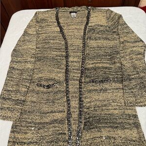 Mark Open Front Cardigan Metal Chain Accent Silver Metallic Sparkle Sz XL